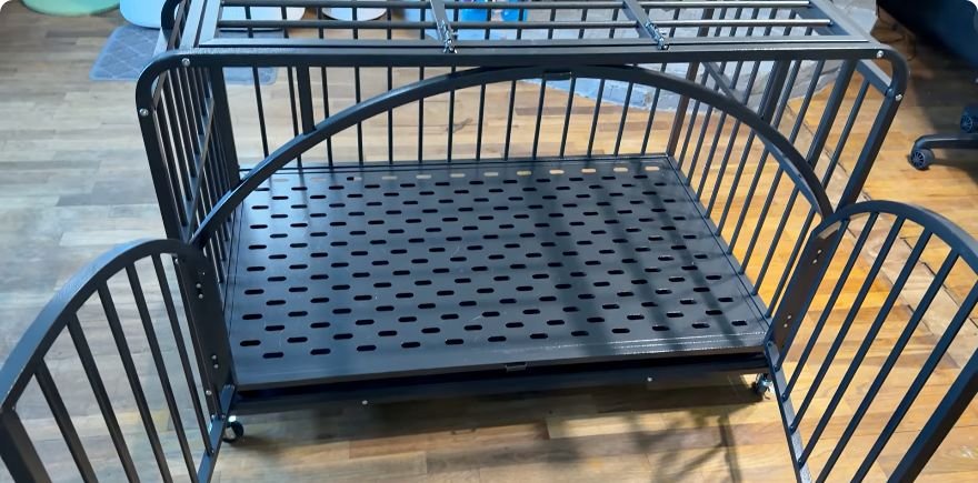 Assembled heavy-duty French door dog crate with both front doors open