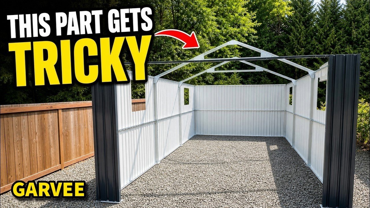 GarveeLife metal carport shed during assembly, with wall panels and exposed roof trusses, from Braden’s build video.