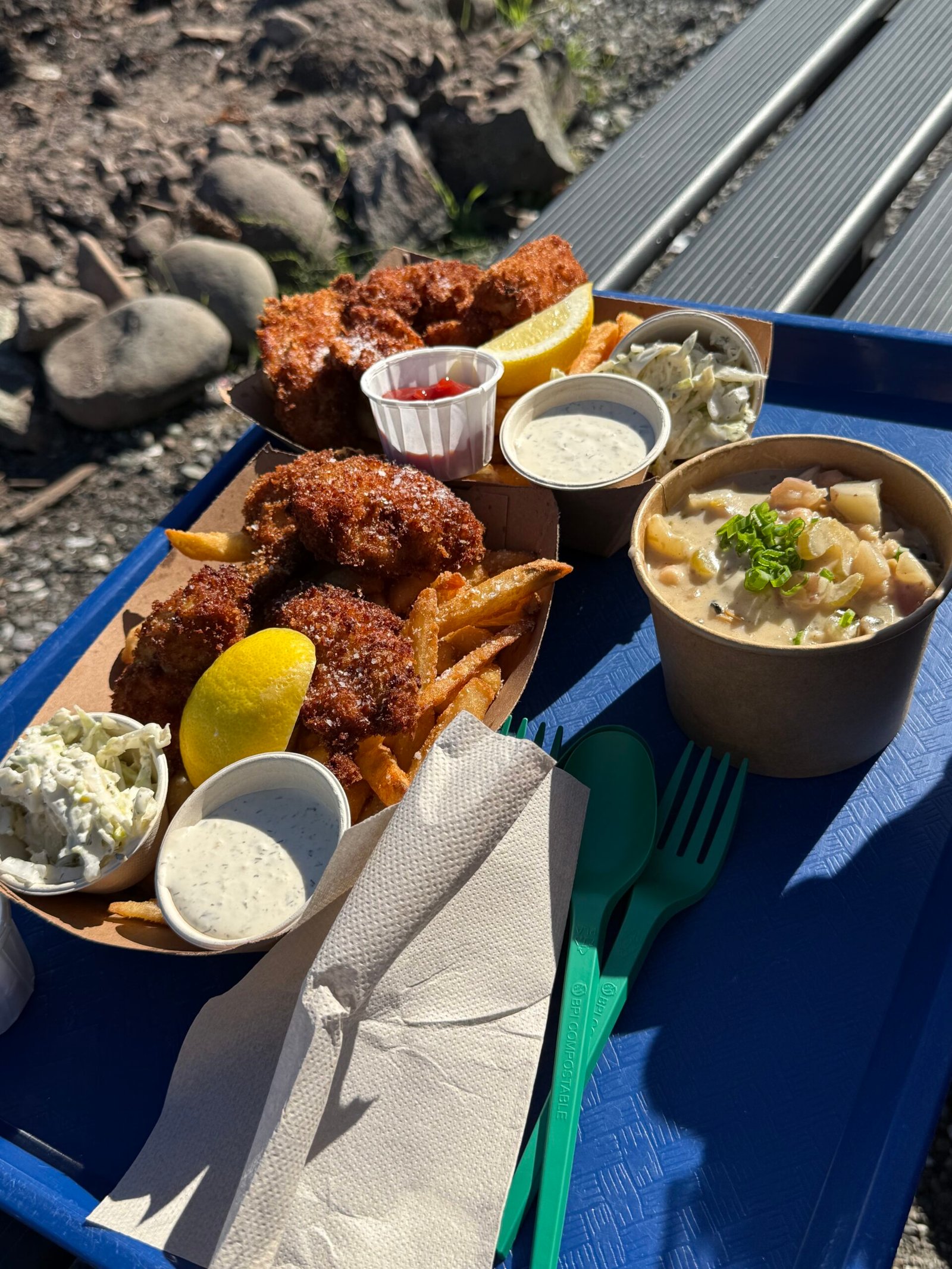 Fried seafood with fries, slaw, lemon, sauces, and chowder during my parents’ Hama Hama visit