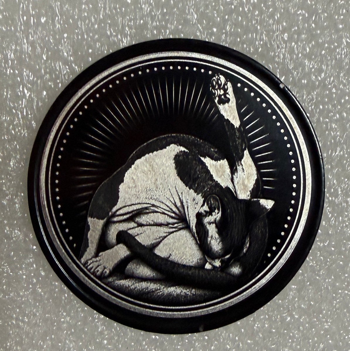 Reverse of an anodized steel coin with a curled cat engraving