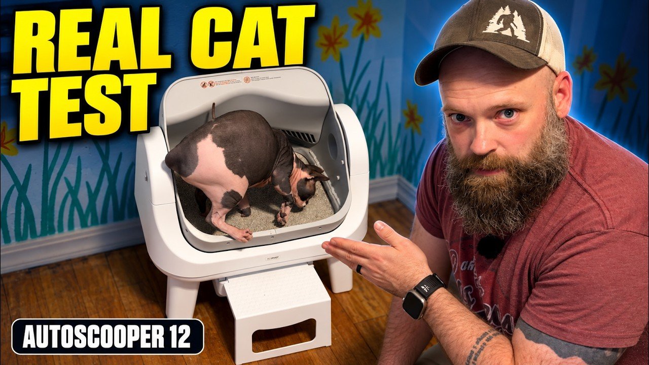 Braden beside a cat using the PetPivot AutoScooper 12 in his Real Cat Test review thumbnail.